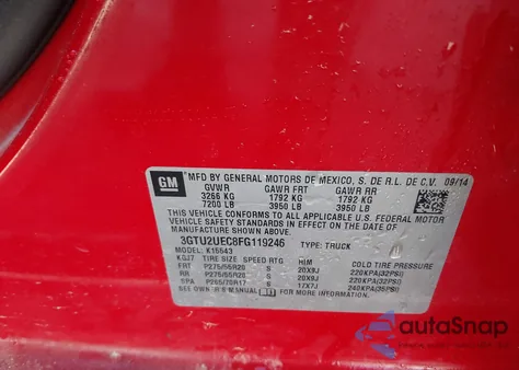 2015 GMC Sierra 1500 Sle из США, поврежденный, VIN 3GTU2UEC8FG119246